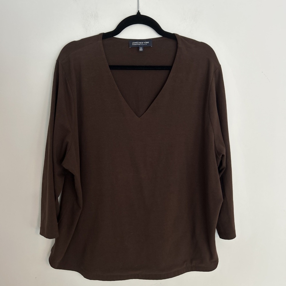 Jones New York Signature Women's Size 3X Chocolate Brown V Neck 3/4 Sleeve Top